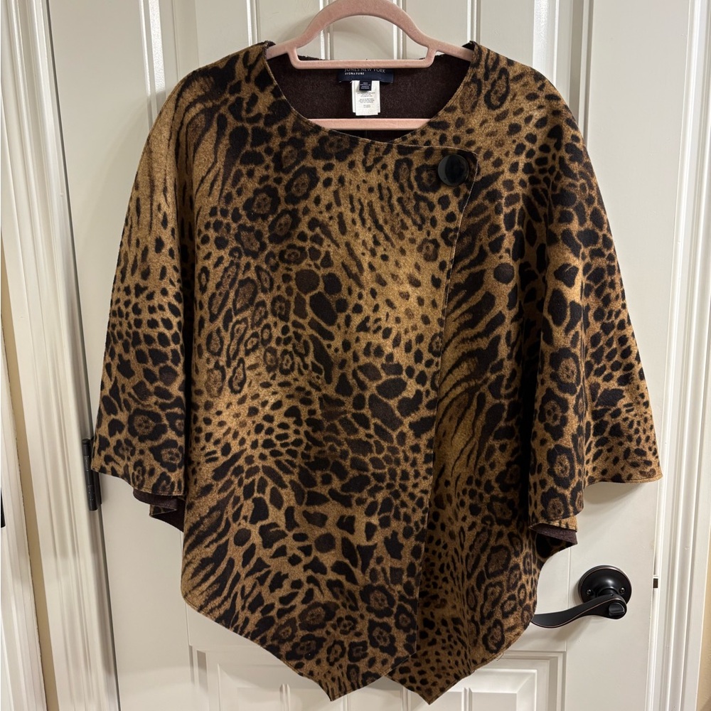 Jones New York Signature Leopard Print Felted Wool Cape One Size EUC